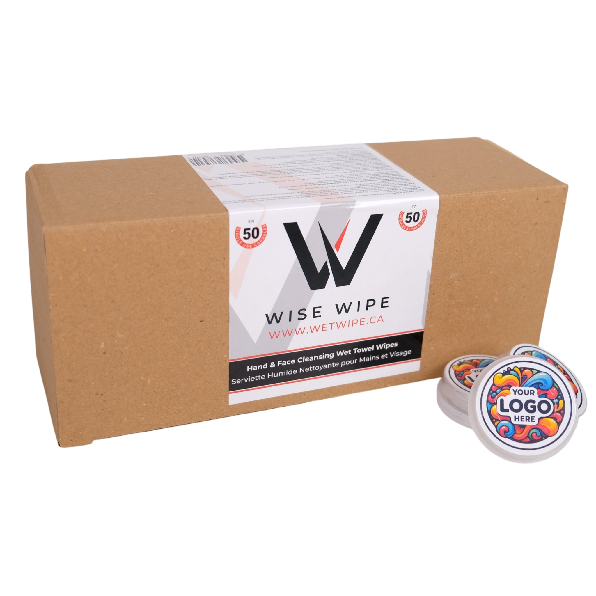 Box of Wise Wipe hand and face cleaning wet towels with a branded container.