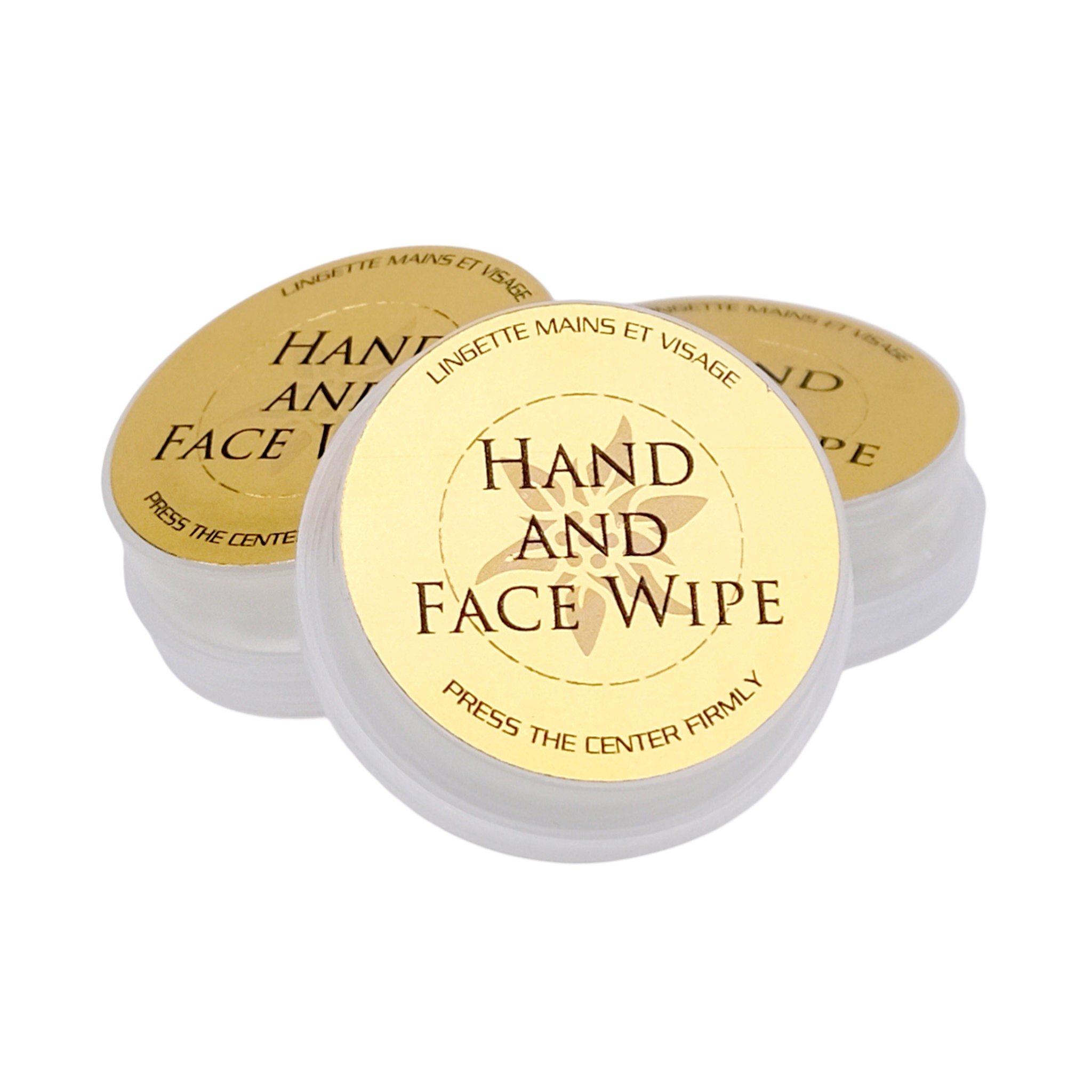 Three containers of hand and face wipes with gold labels on a white background