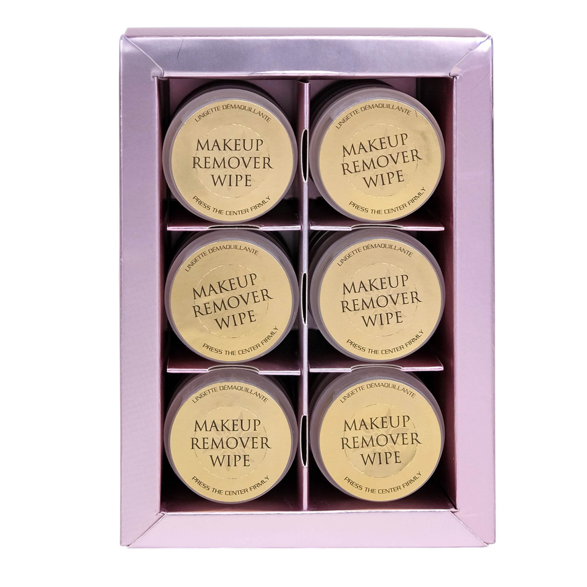 Set of six makeup remover wipes in a pink box