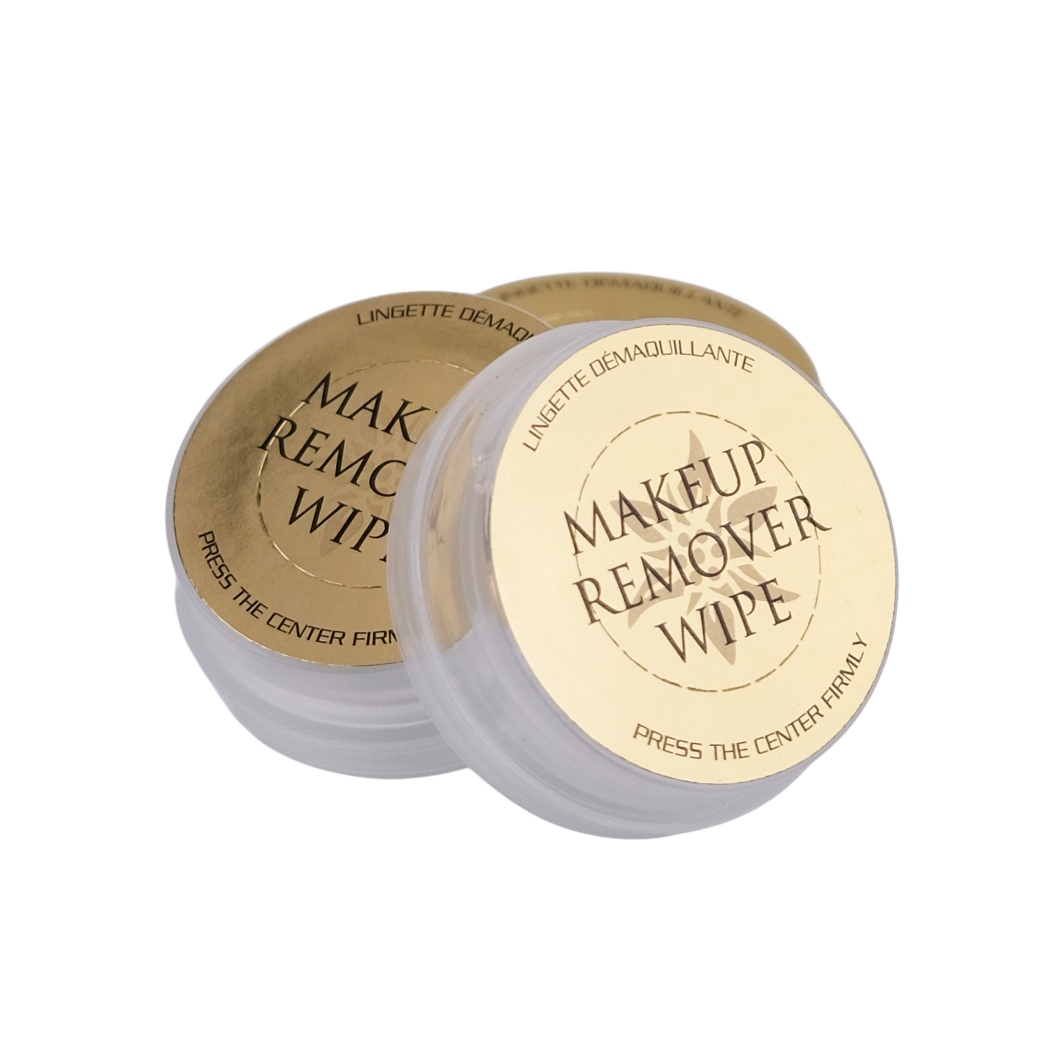 Makeup remover wipes with gold and white packaging on a white background