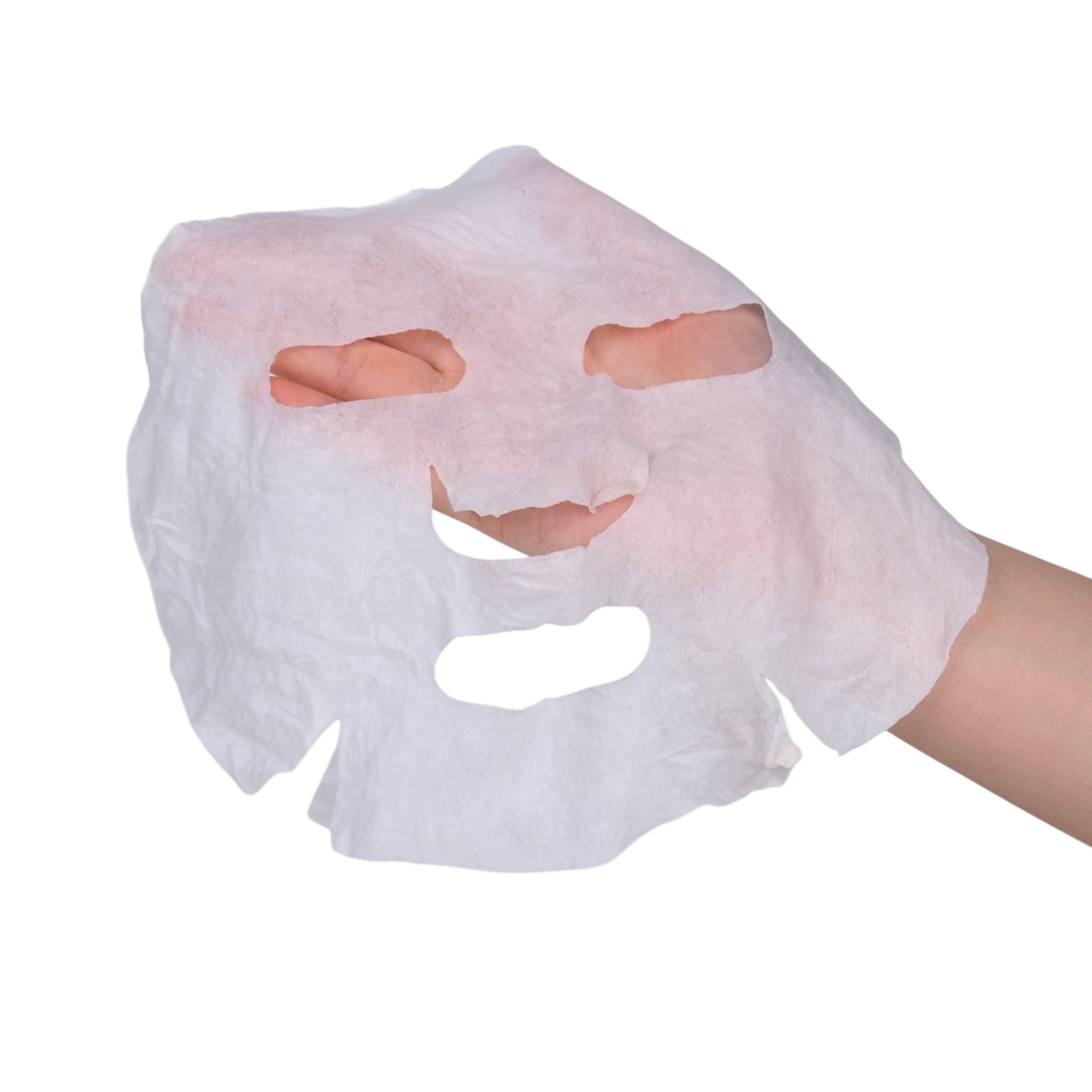 Hand holding a white face mask with cutouts for eyes and mouth on a white background