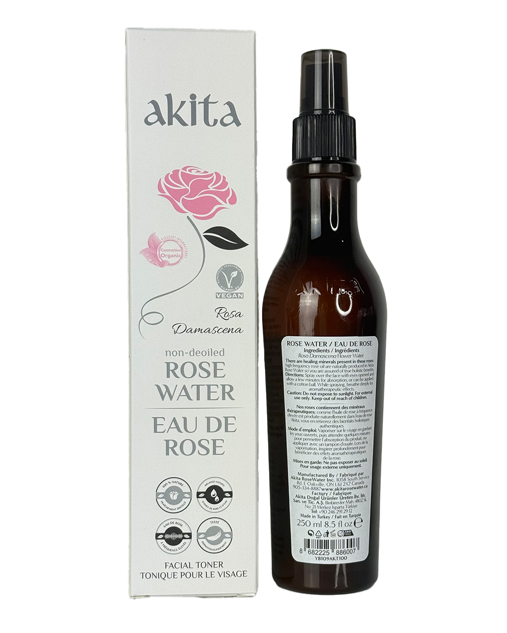 Bottle of Akita Rose Water with packaging on a white background