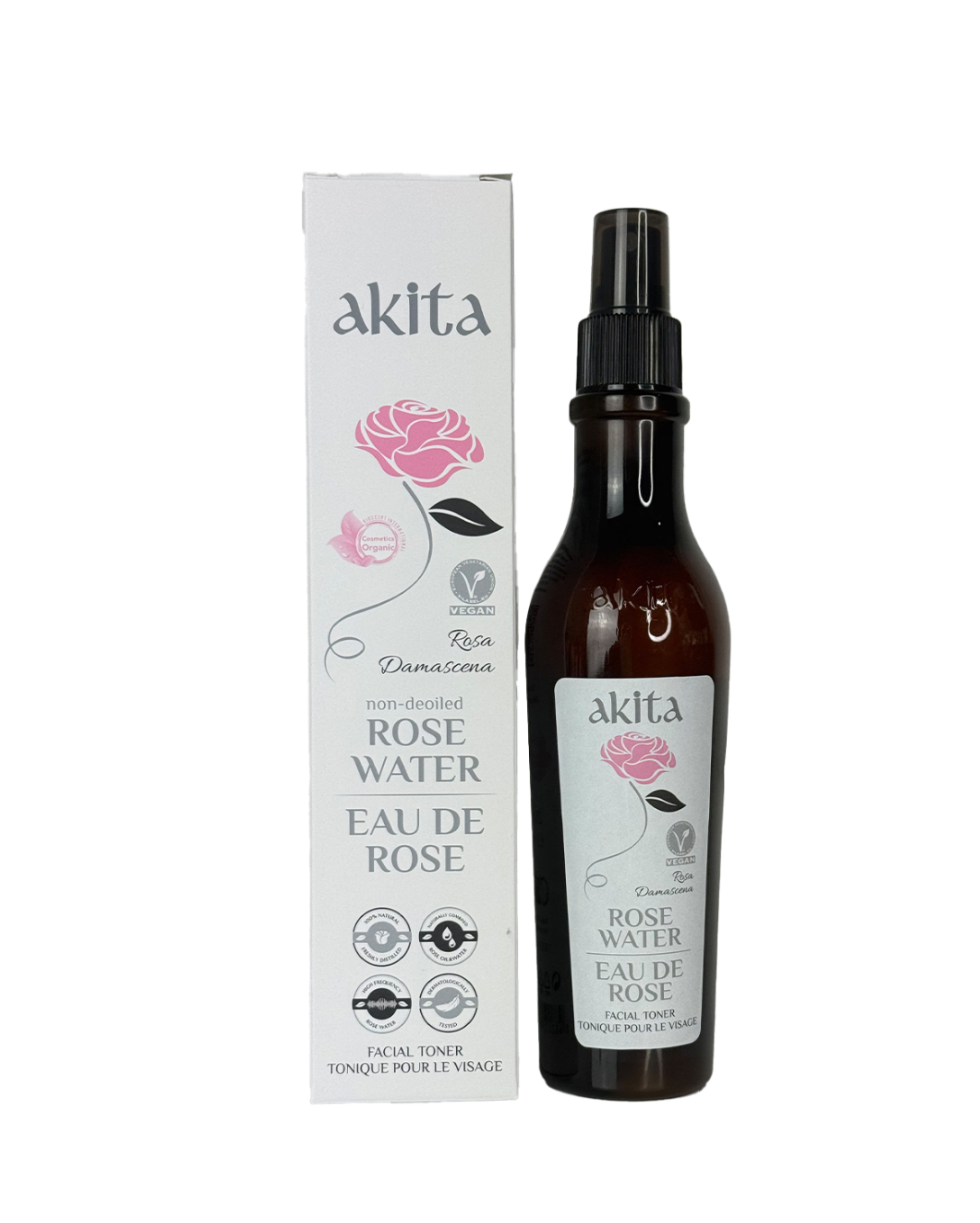 Akita Rose Water bottle and packaging on a white background