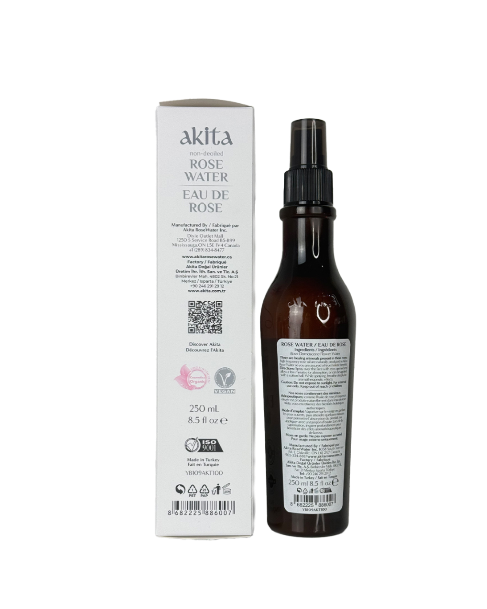 Akita Rose Water bottle and packaging on a white background