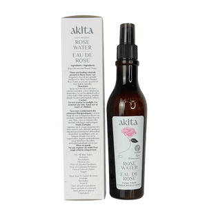 Akita Rose Water bottle and packaging on a white background