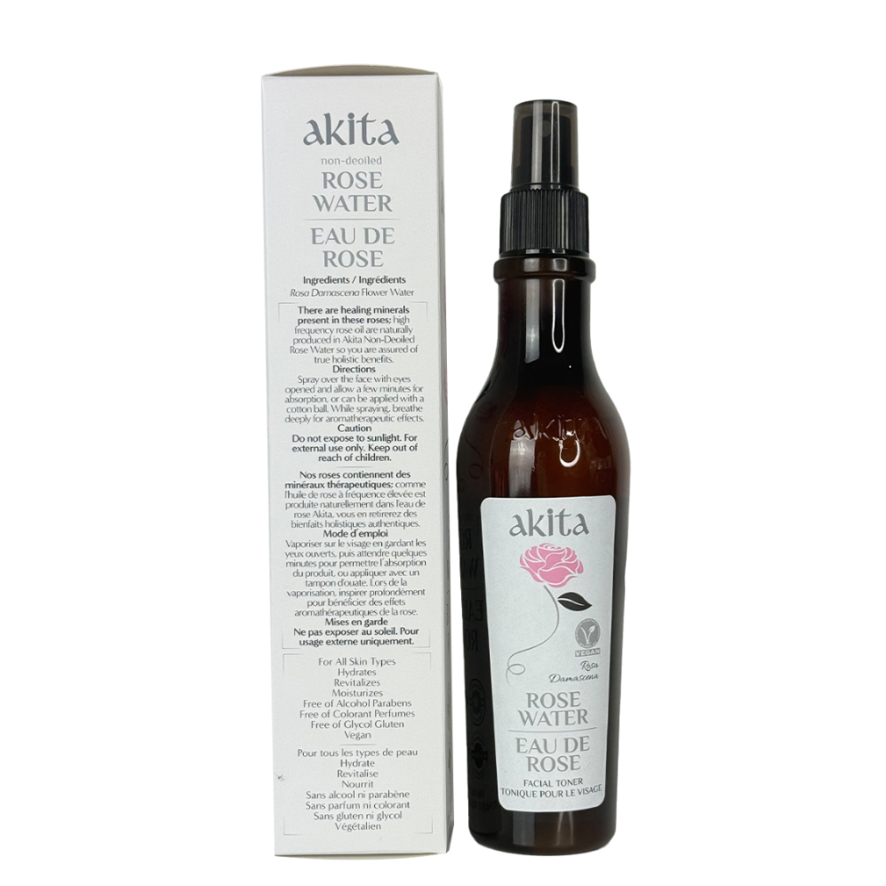 Akita Rose Water bottle and packaging on a white background