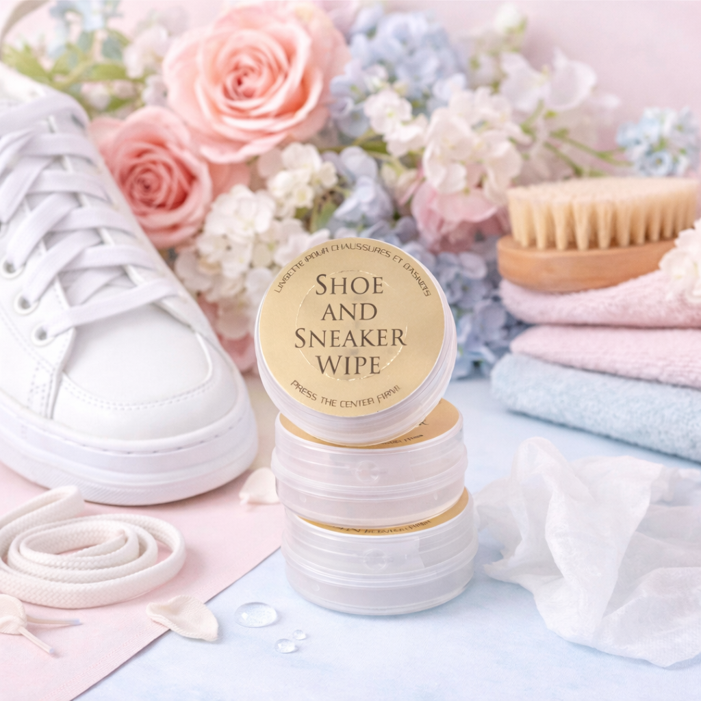 Shoe and sneaker wipes with a white sneaker and flowers on a light background