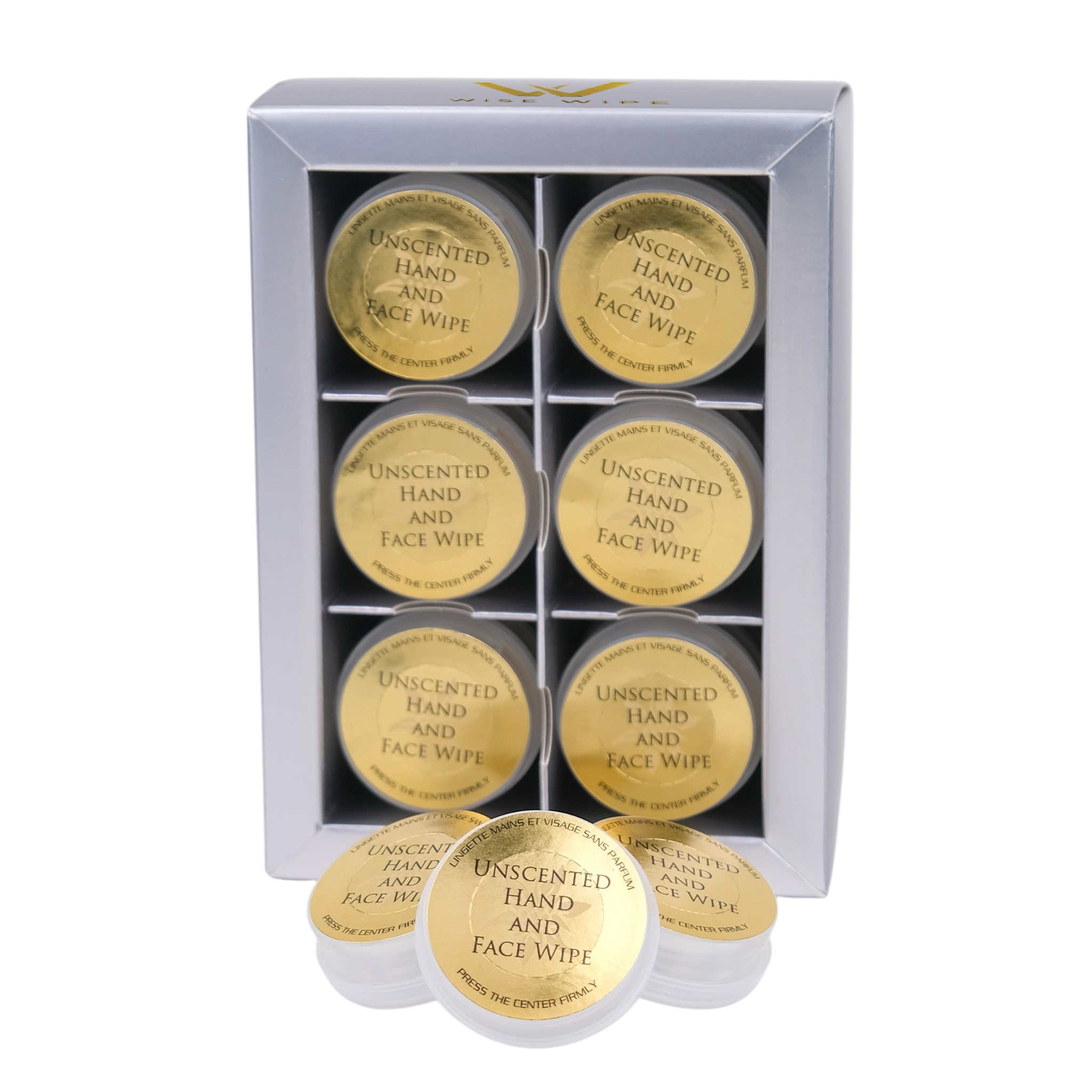 Set of unscented hand and face wipes in a white box with gold labels.