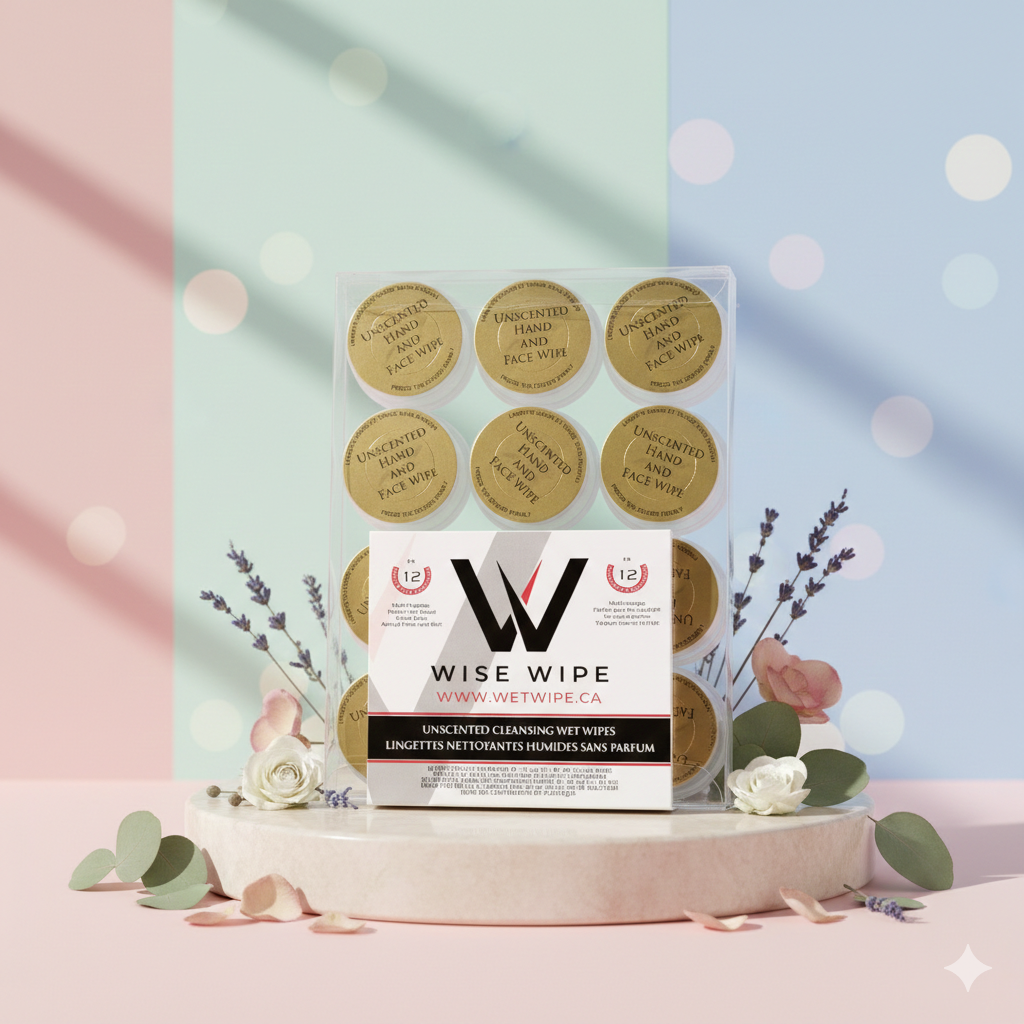 Wise Wipe packaging with gold labels on a decorative background